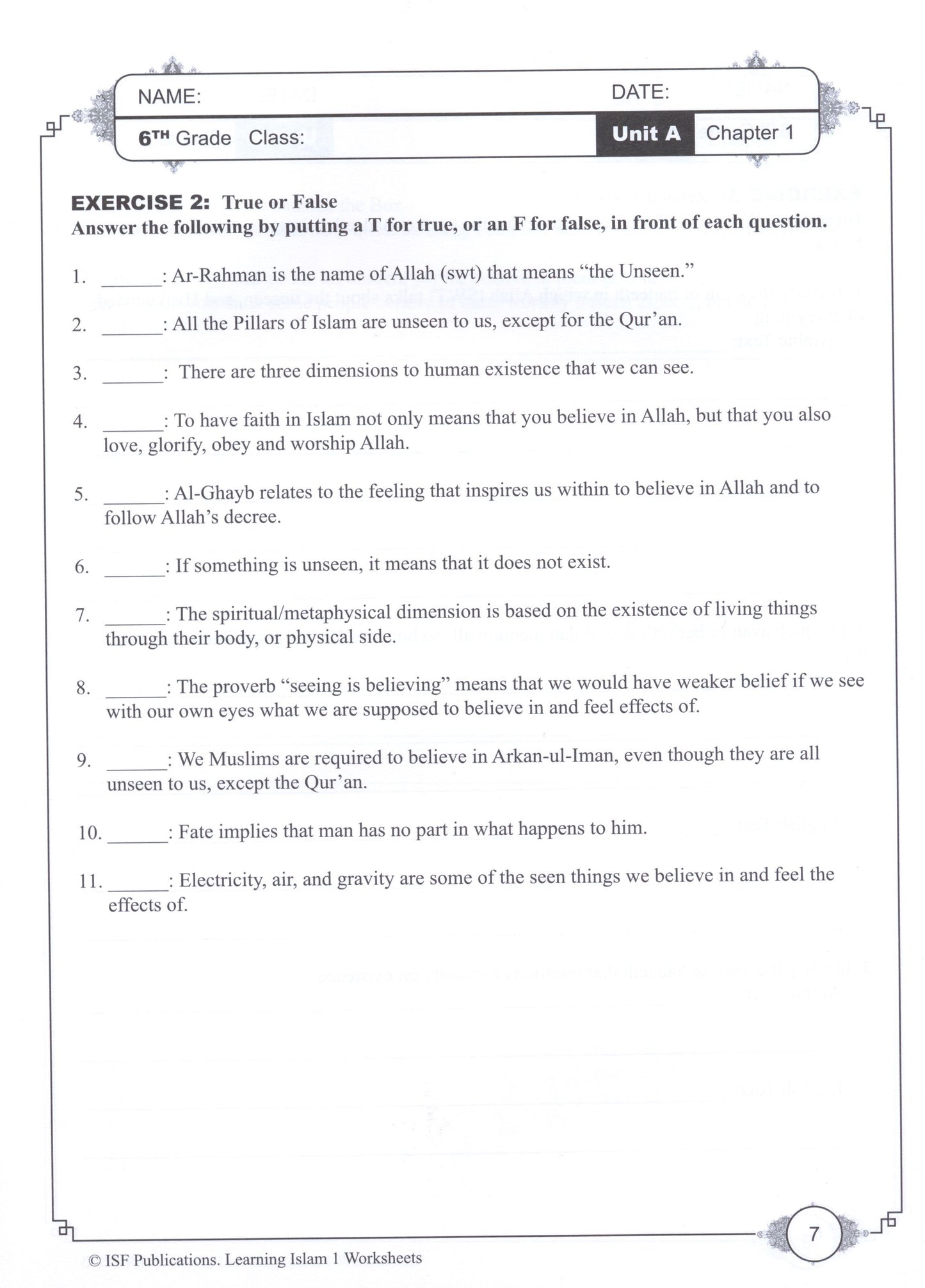 Learning Islam Workbook Level 1 (Grade 6)