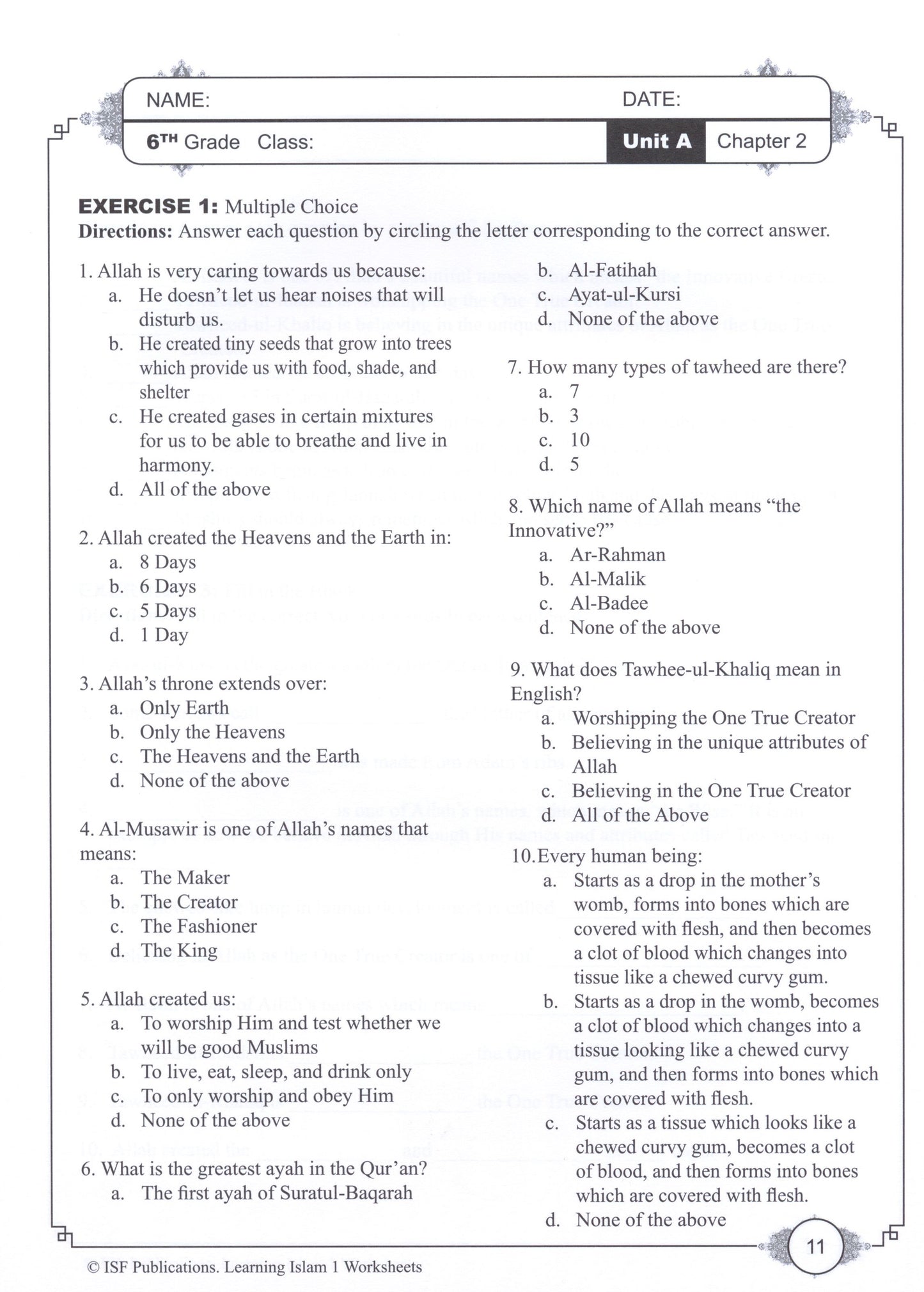 Learning Islam Workbook Level 1 (Grade 6)